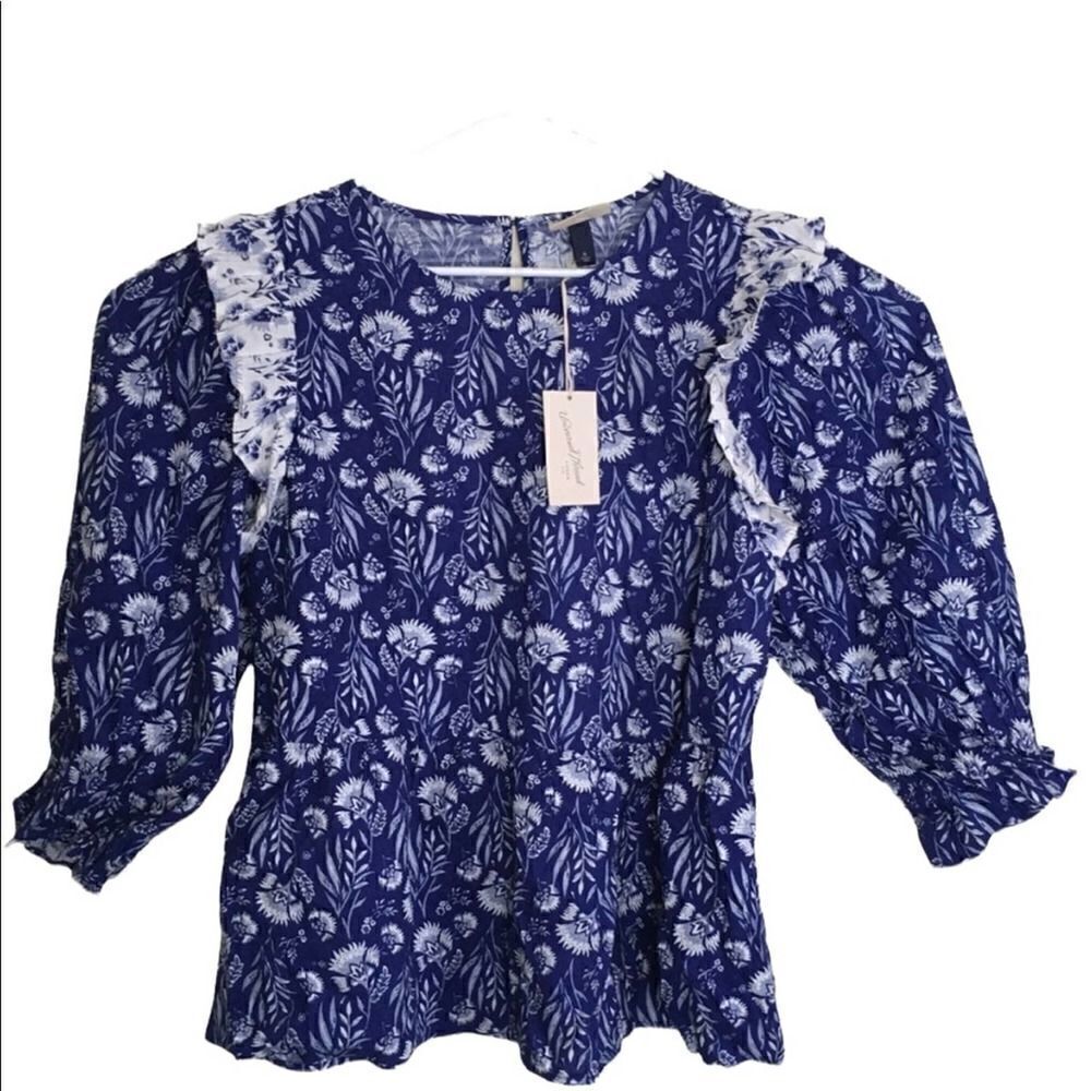 NEW Women's Floral Print Puff 3/4 Sleeve Embroidered Ruffle Top NWT - M